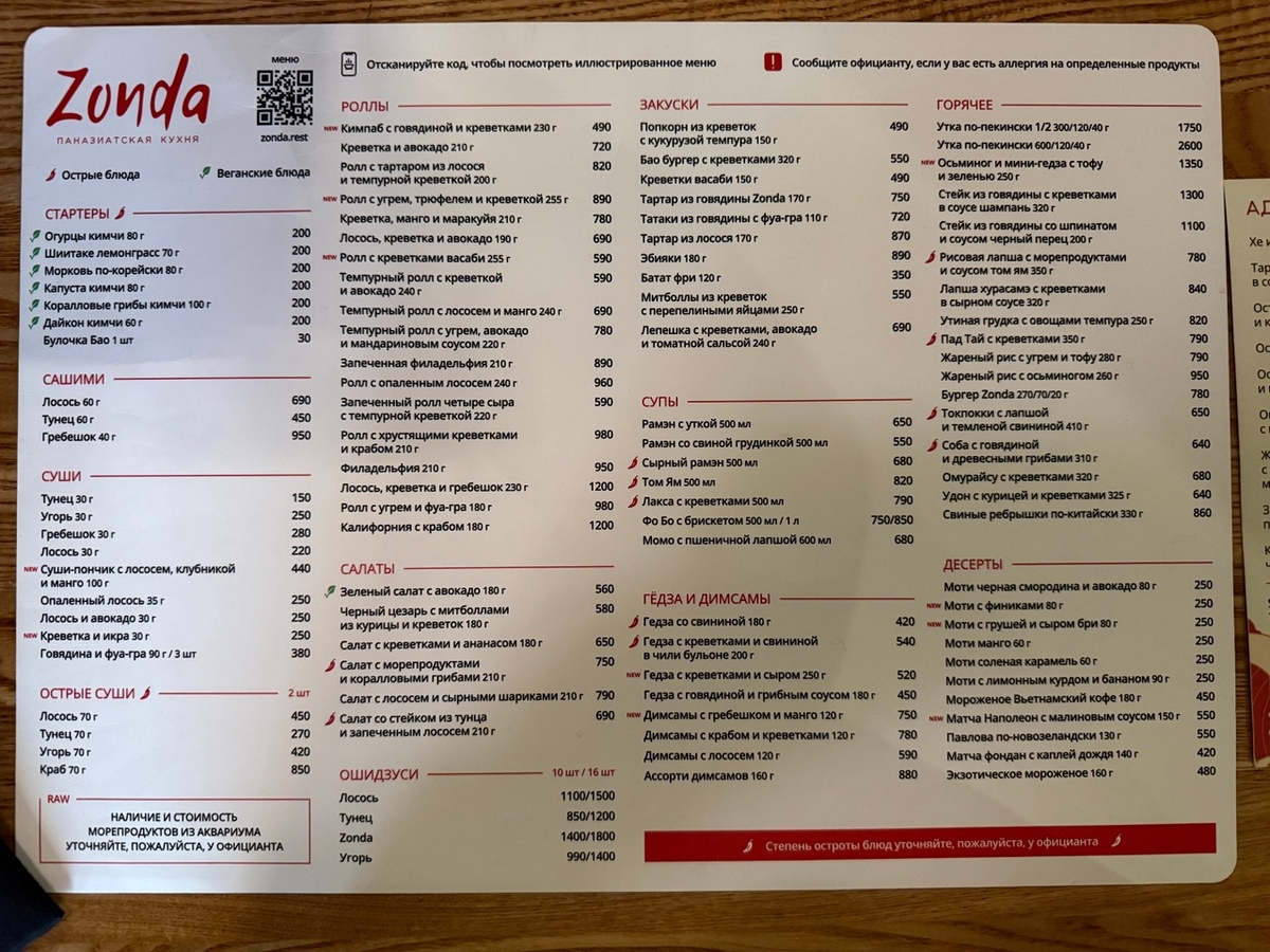 Основное меню ресторана Zonda