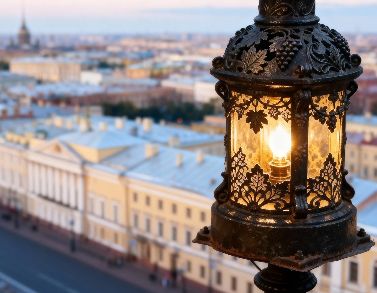 Это не светильник. Это световая скульптура, застывшая в момент диалога с темнотой. Каждый луч, пробиваясь сквозь чугунное кружево, не просто падает на мостовую — он рассказывает историю о времени, когда даже уличный столб имел право на красоту и должен был нести её в народ, как фонарщик — огонь.