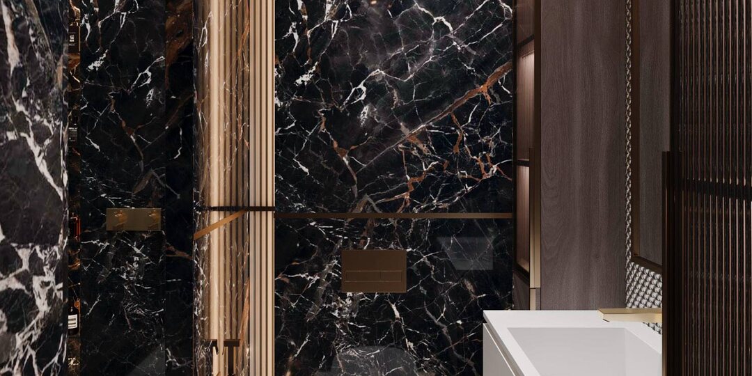 Современный дизайн санузла с темным керамогранитом и шпоном натурального дерева