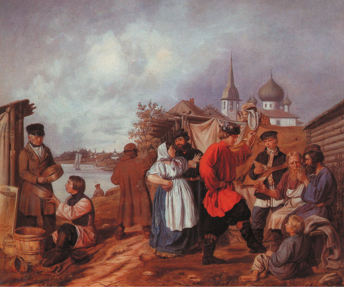 «Народная сцена на ярмарке в Старой Ладоге». Картина работы А. А. Попова, 1853