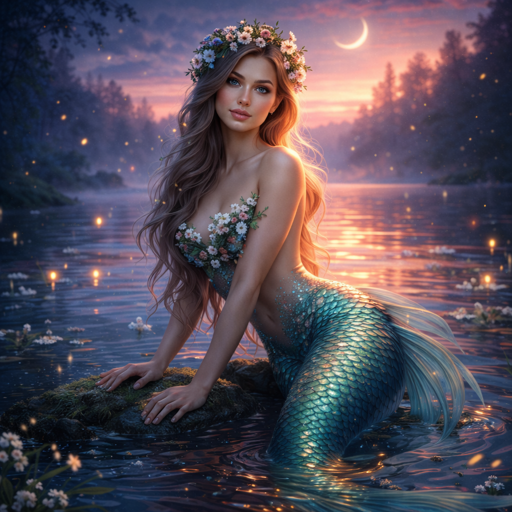 Русалка у воды в сумерках.
