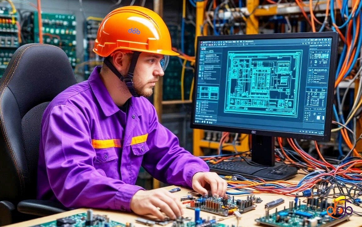 Молодой рабочий играет в производственную игру