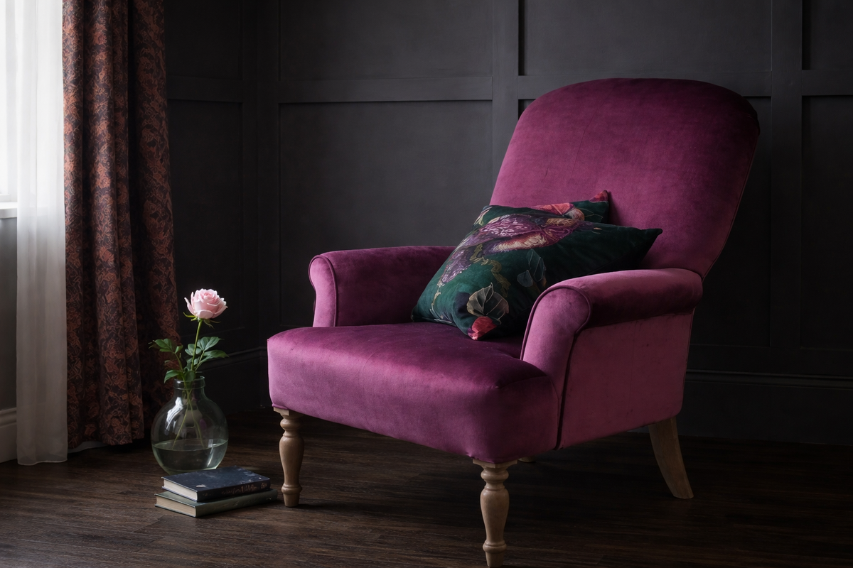 Приглушённый свет, тёмный пол и плотные шторы усиливают глубину цвета.