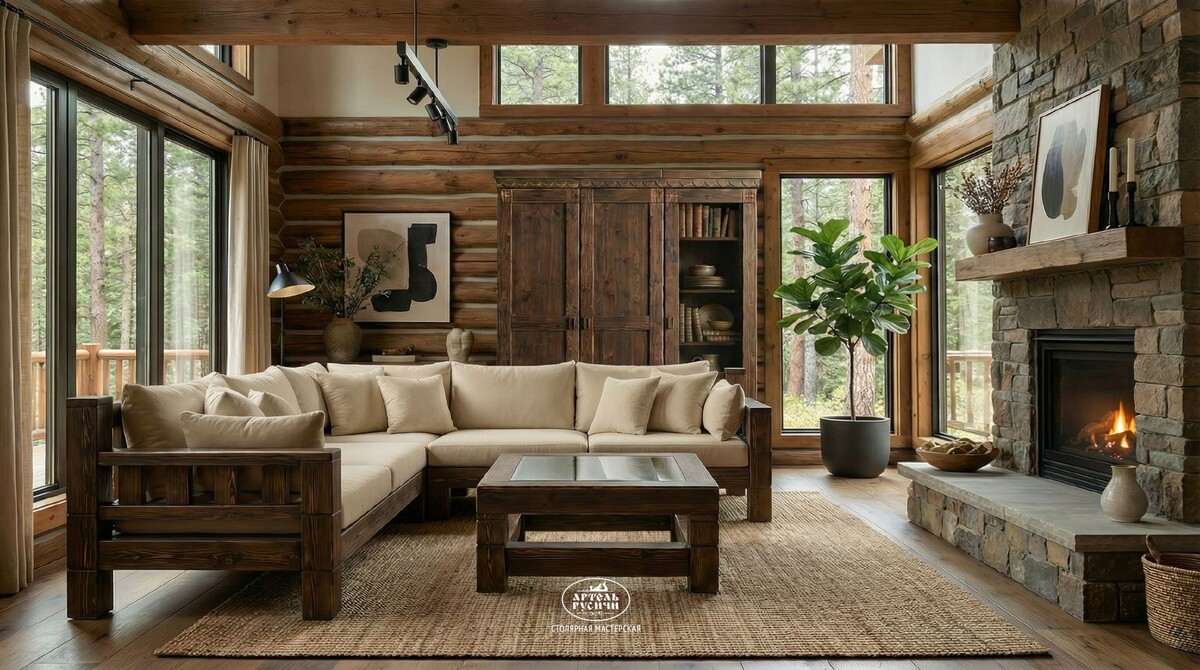,Деревянная мебель нашего производства в интерьере гостиной загородного дома