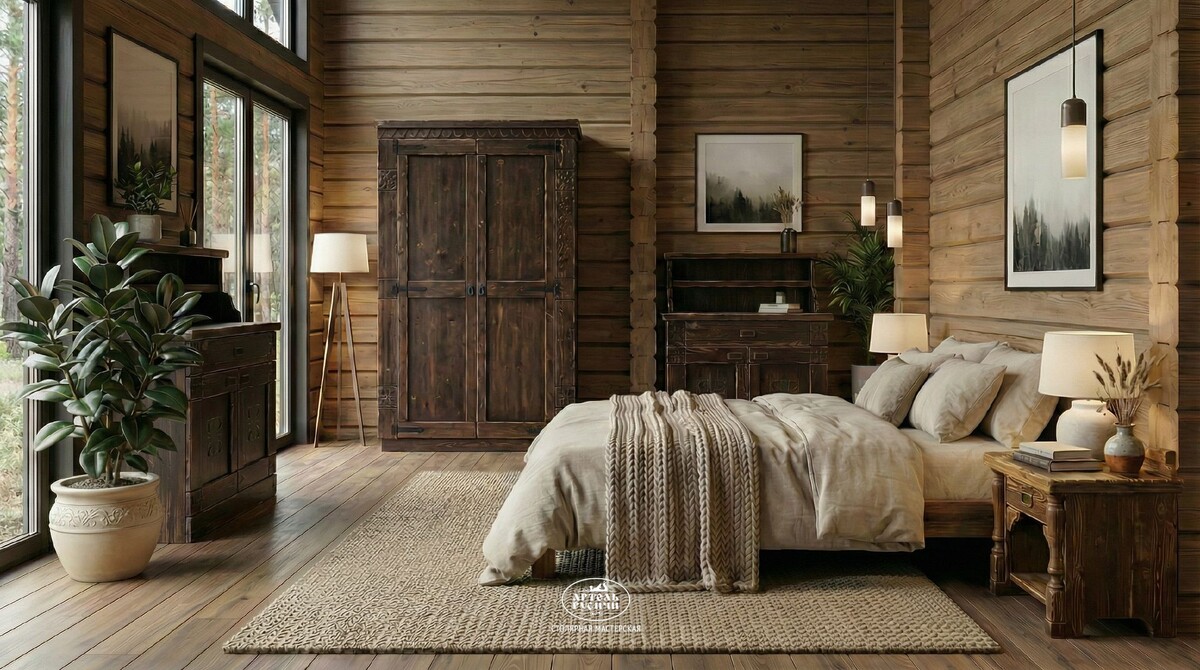 Мебель от Артели Русичи из массива северной сосны в интерьере спальни загородного дома