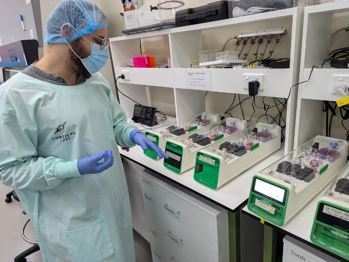 Биокомпьютер DishBrain от компании Cortical Labs с электродами подключенными к органоиду мозга в лаборатории