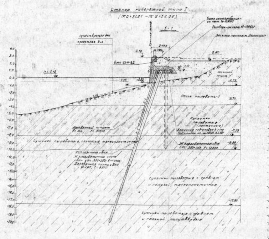 Набережная с высоким ростверком. Архивный чертеж советского периода. Кругозор Проектировщика