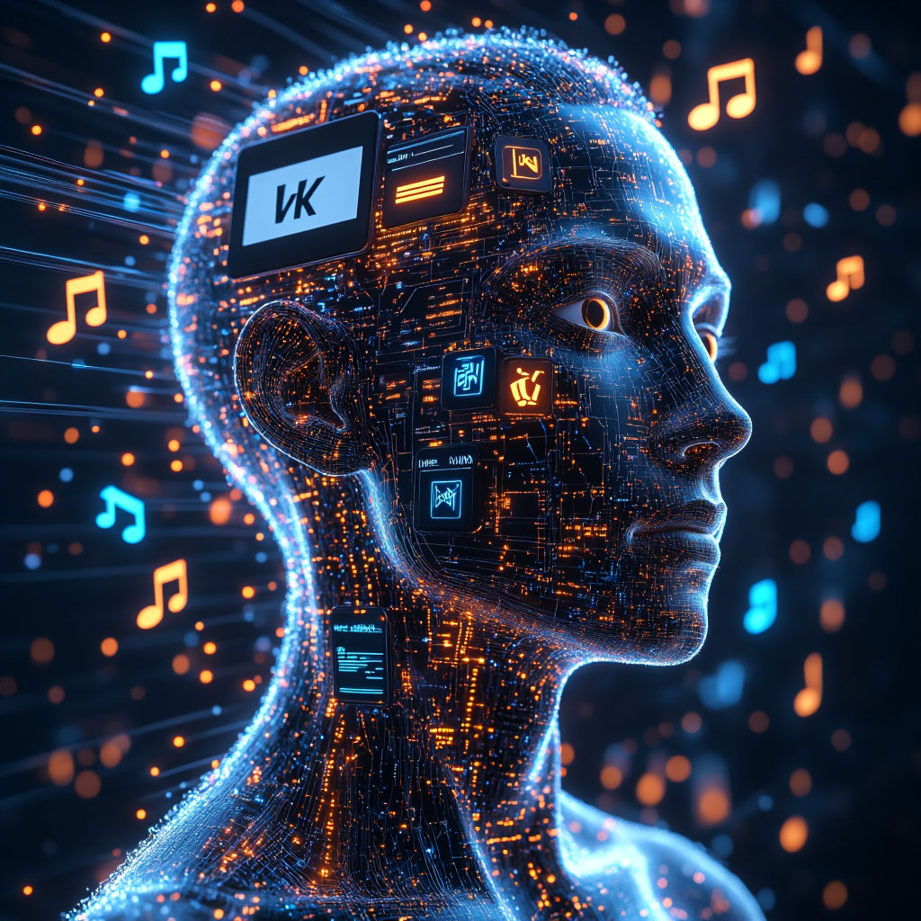 Человеческий силуэт, состоящий из цифровых данных и потоков информации. Внутри — символы музыки, кино и новостей. Визуальная метафора того, как алгоритмы создают наш цифровой профиль