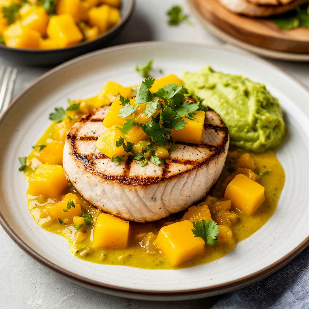 Стейки из меч-рыбы с рагу из манго и пюре из авокадо