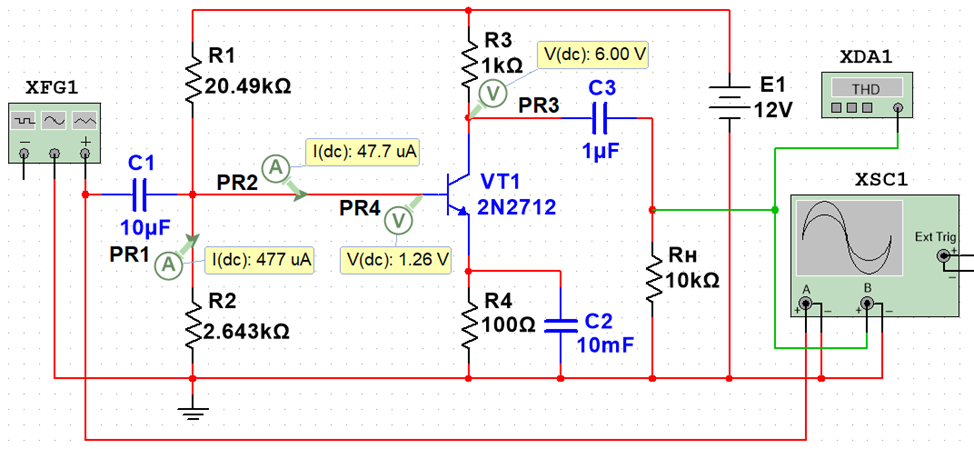 Рис. 1. Схема исследуемого усилительного каскада в Multisim