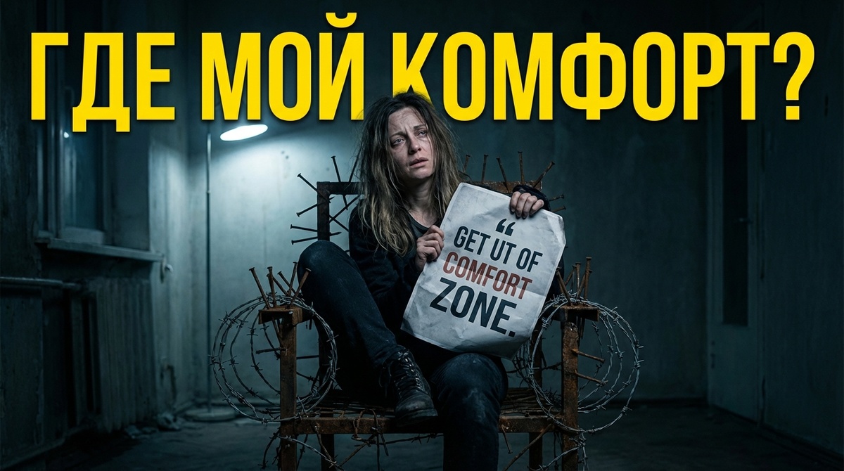 Психология зоны комфорта и выгорания. Женщина сидит на стуле из гвоздей, держа плакат о выходе из зоны комфорта. Метафора жизни в постоянном стрессе. Надпись на фото: ГДЕ МОЙ КОМФОРТ?
