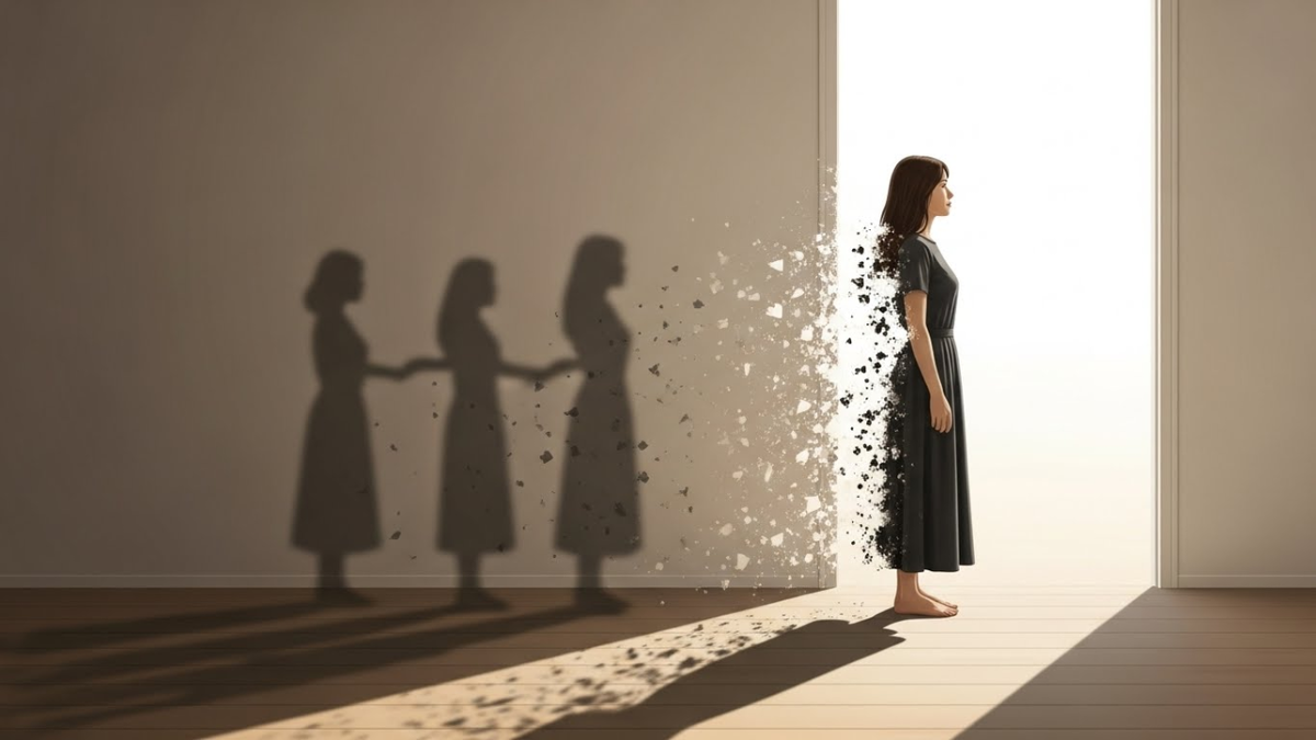 Женщина стоит на пороге нового года, за её спиной мягко растворяется прошлое: тени, старые силуэты, размытые образы.