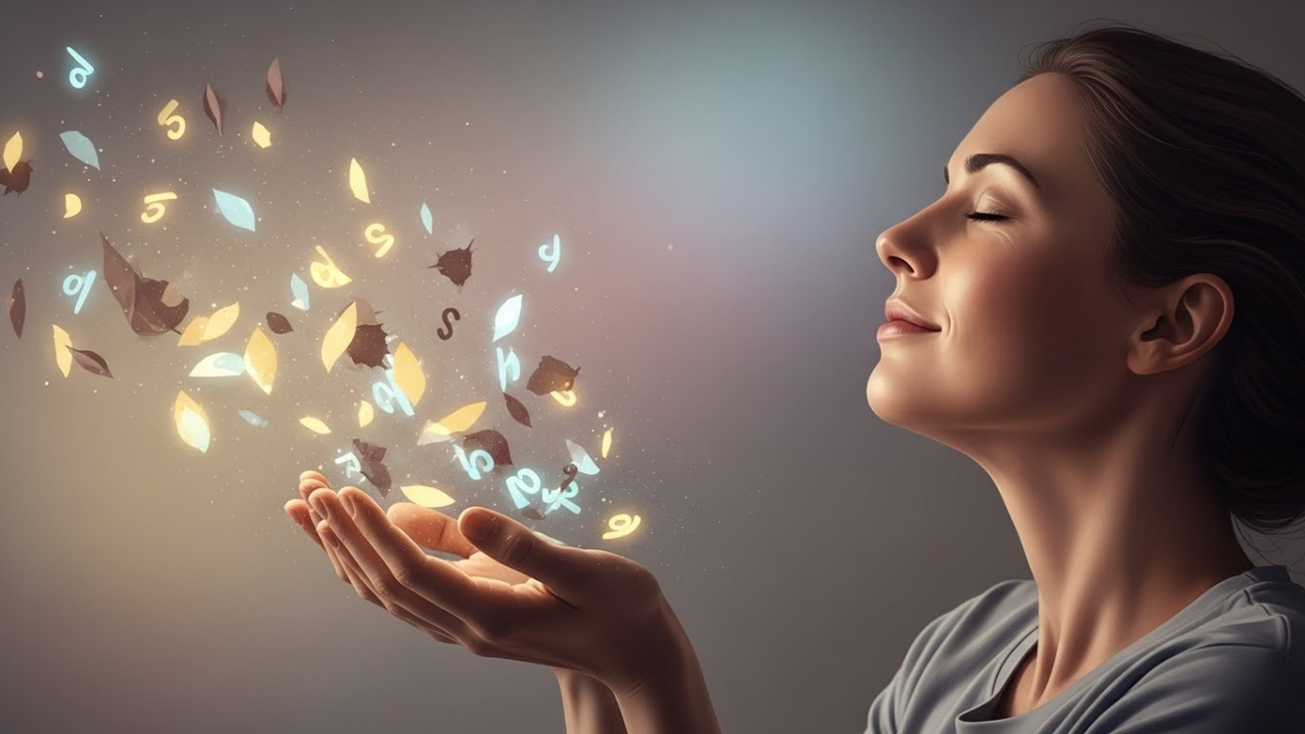 Женщина с закрытыми глазами медленно отпускает из рук бумажные листья или светящиеся символы прошлого, которые растворяются в воздухе.