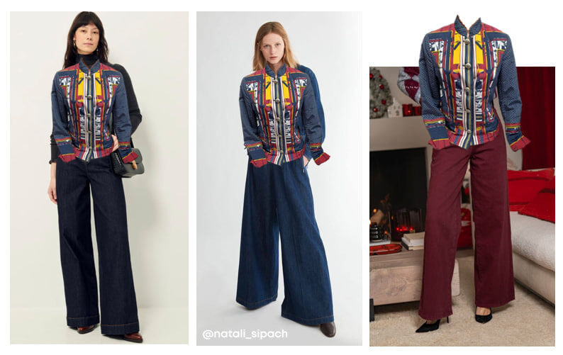 Спокойные варианты с синими и бордовыми джинсами-трубами и палаццо