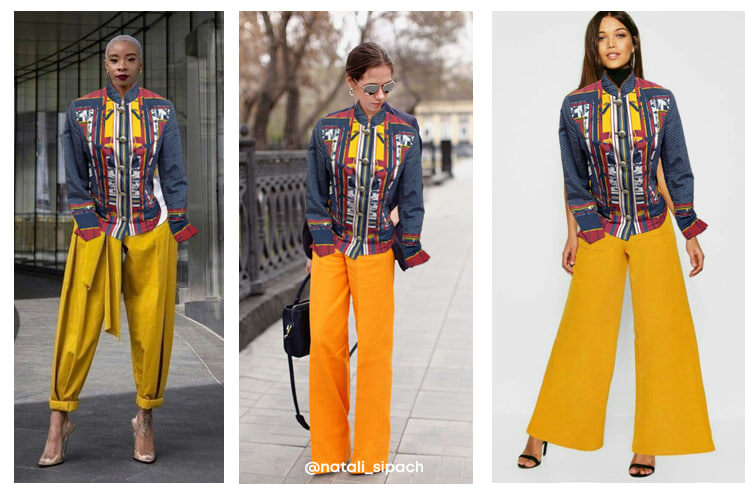 Варианты поярче с горчичными бананами, прямыми брюками цвета охры или палаццо