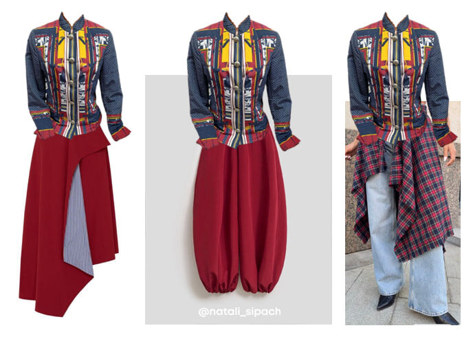 Варианты для смелых - красная ассиметричная юбка с контрастным подкладом, красные алладины, прямые джинсы с килтом (тут надо подбирать принт в цветах жакета)