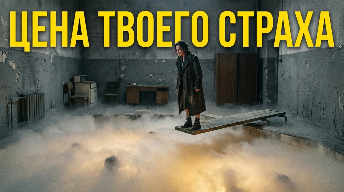 Психология страха перемен. Женщина на трамплине перед прыжком в неизвестность. Метафора решимости изменить жизнь. Надпись на фото: ЦЕНА ТВОЕГО СТРАХА.