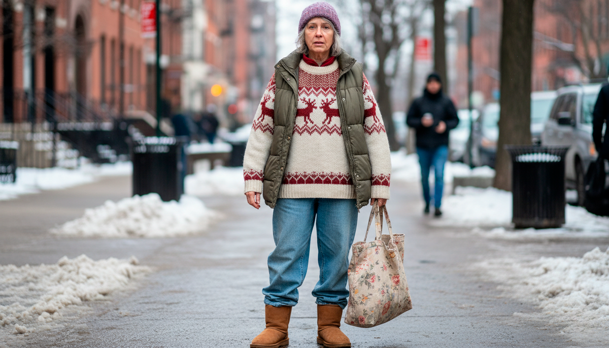 Все антитренды сразу: дутая жилетка, свитер с оленями, мешковатые джинсы, угги. Женщине 48, но выглядит на 58.