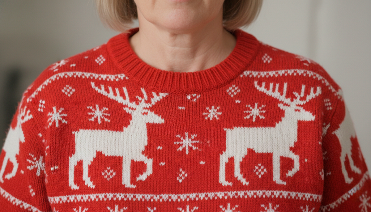 Красный свитер с белыми оленями — привет из нулевых. Яркий детский принт старит, а не согревает.