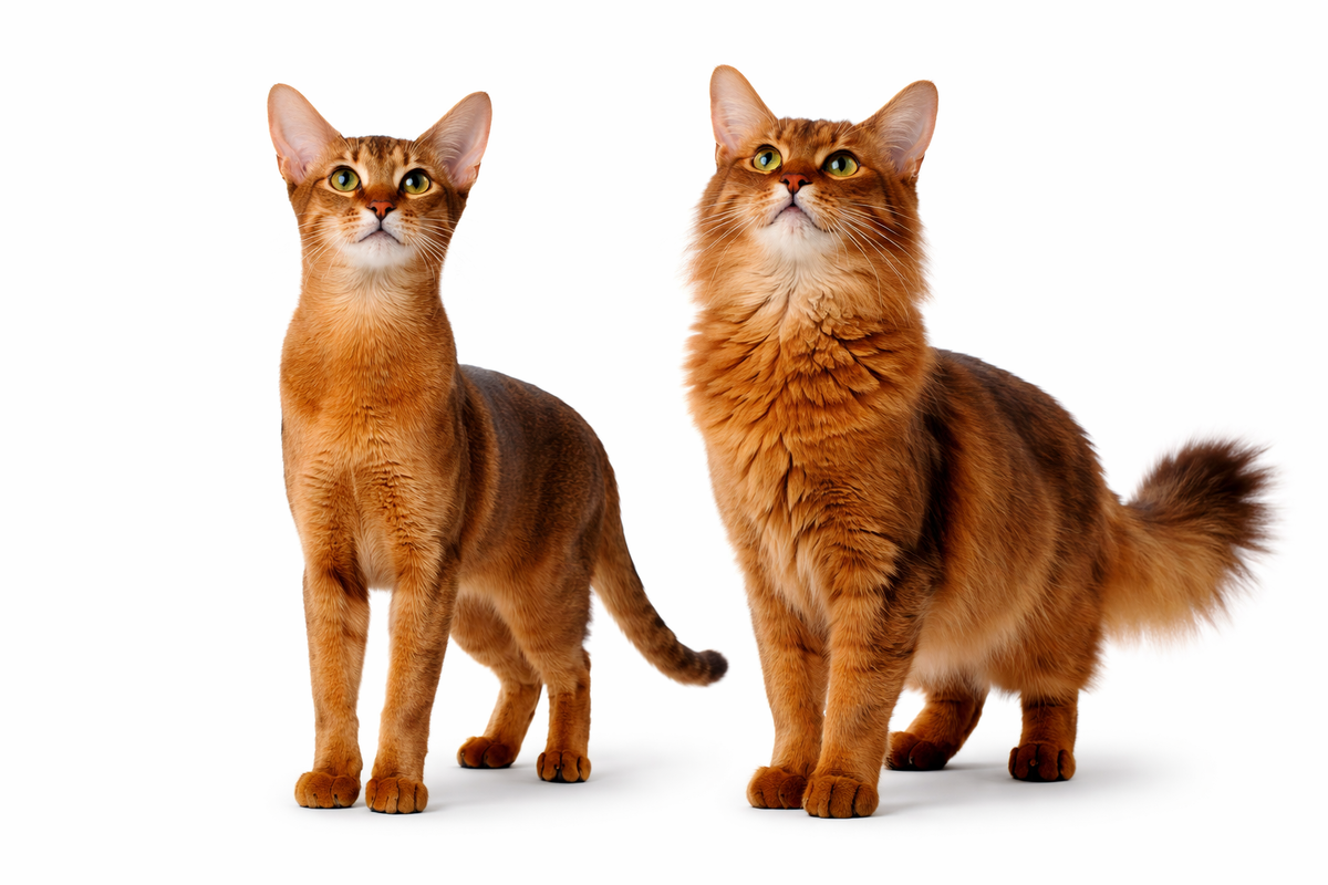 Слева абиссинская кошка, справа сомали. Изображение создано при помощи ИИ