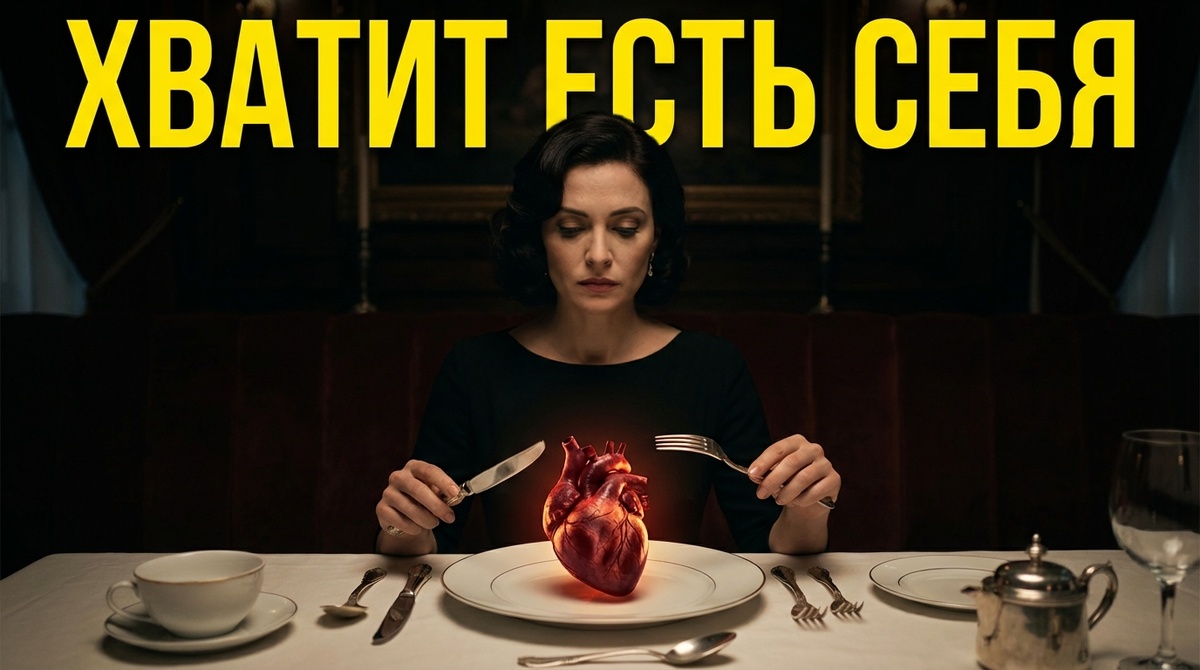 Психология пищевого поведения. Женщина за столом смотрит на сердце в тарелке. Метафора самокритики и психологического самоедства. Надпись на фото: ХВАТИТ ЕСТЬ СЕБЯ.