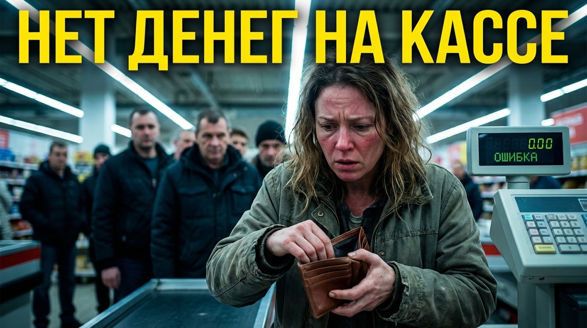 Психология страха бедности. Женщина на кассе ищет деньги в пустом кошельке. Метафора финансовой тревоги и стыда. Надпись на фото: НЕТ ДЕНЕГ НА КАССЕ.