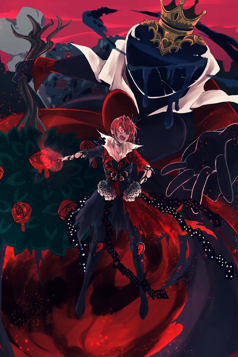 аниме "Искажённая страна чудес: Эпизод Хартслабьюла". Риддл Роузхарт впал в режим берсерка, одержимый демоном своих комплексов.