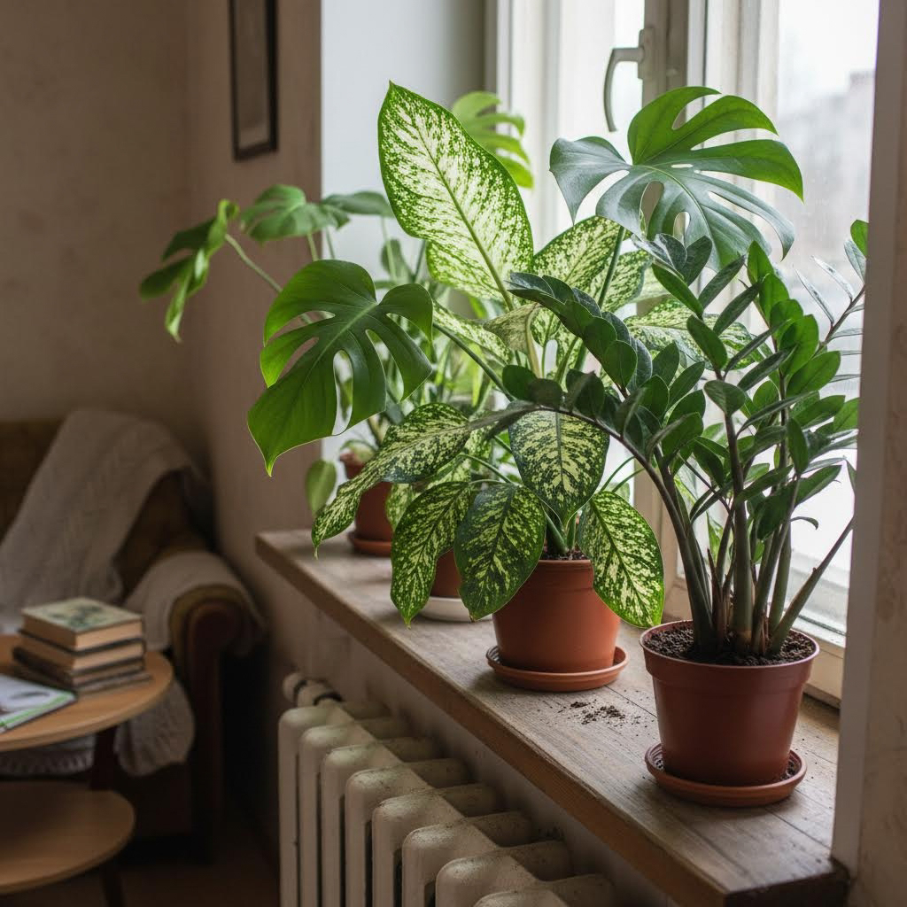 Справа налево: Замиокулькас, Диффенбахия, Монстера