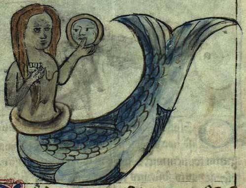 В Средние века русалок часто изображали с гребнем или зеркалом, реже — с рыбой в руках. Такая страсть к уходу за внешностью символизировала грех.