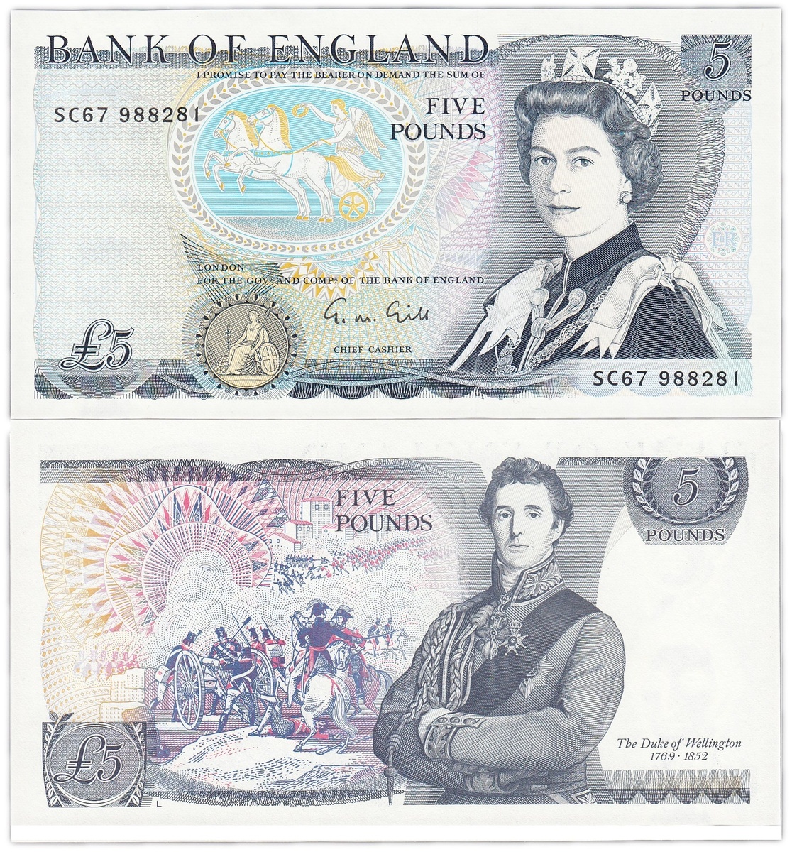 Банкнота 5 фунтов серии D, лицевая и оборотная сторона 