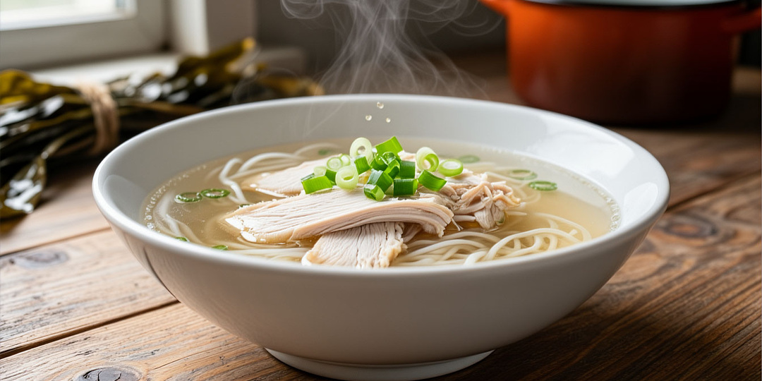 🍜 «Удон домашний» без пшеницы: рисовая лапша + куриный бульон + имбирь — как у японских эмигрантов в Приморье (1930-е).