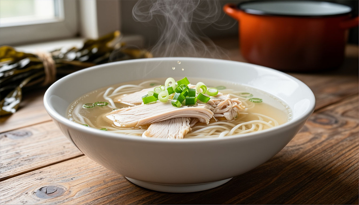 🍜 «Удон домашний» без пшеницы: рисовая лапша + куриный бульон + имбирь — как у японских эмигрантов в Приморье (1930-е).