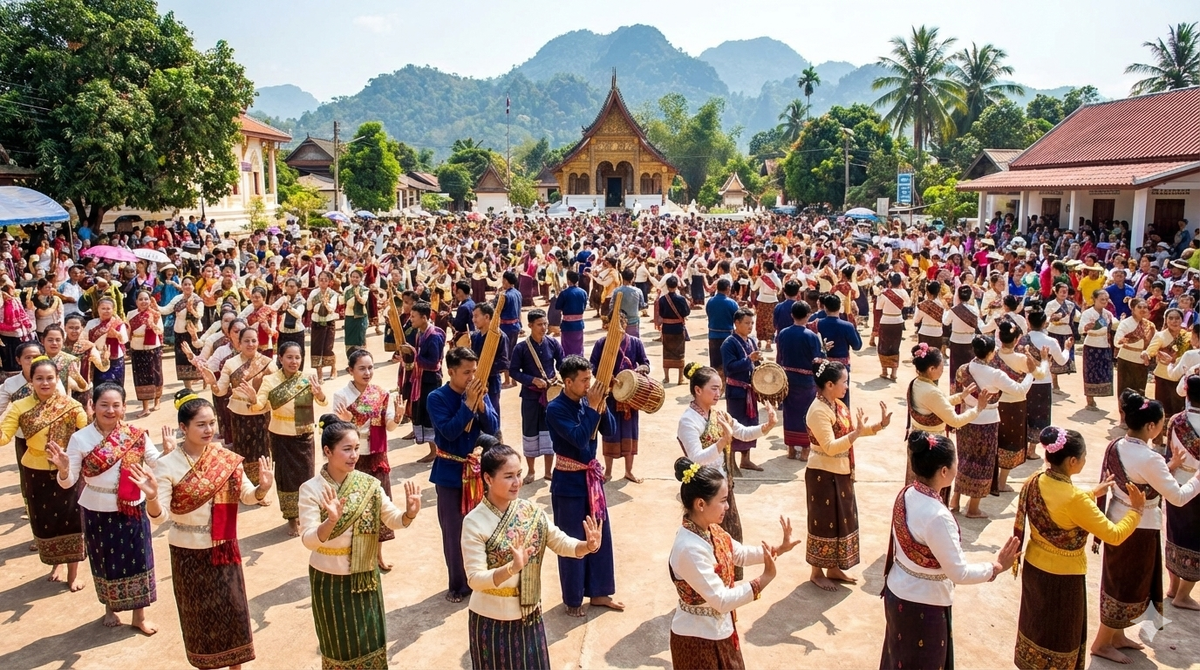Лаосский танец «Лам Вонг» (танец по кругу). Изображение сгенерировано нейросетью Gemini.