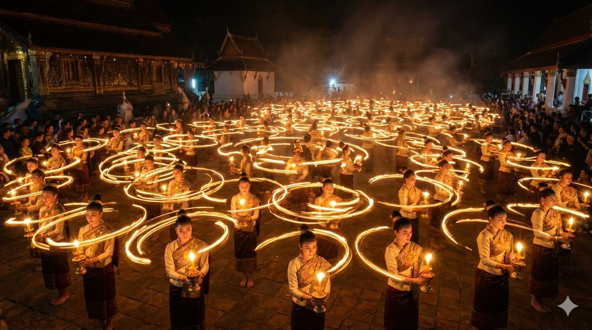 Лаосский танец «Фон Тьен» (танец со свечами). Изображение сгенерировано нейросетью Gemini.