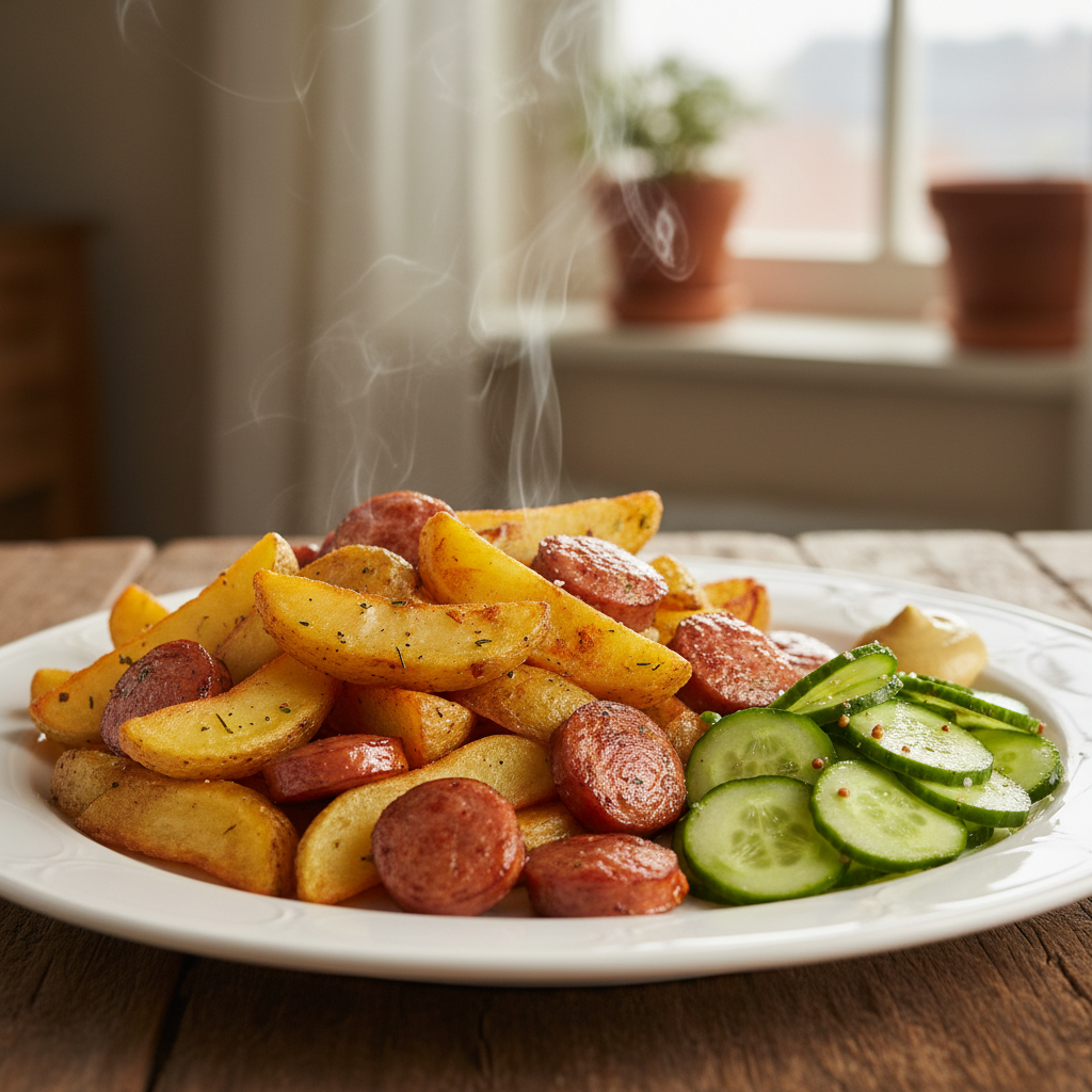 Жареный картофель с сосисками и свежим огуречным салатом
