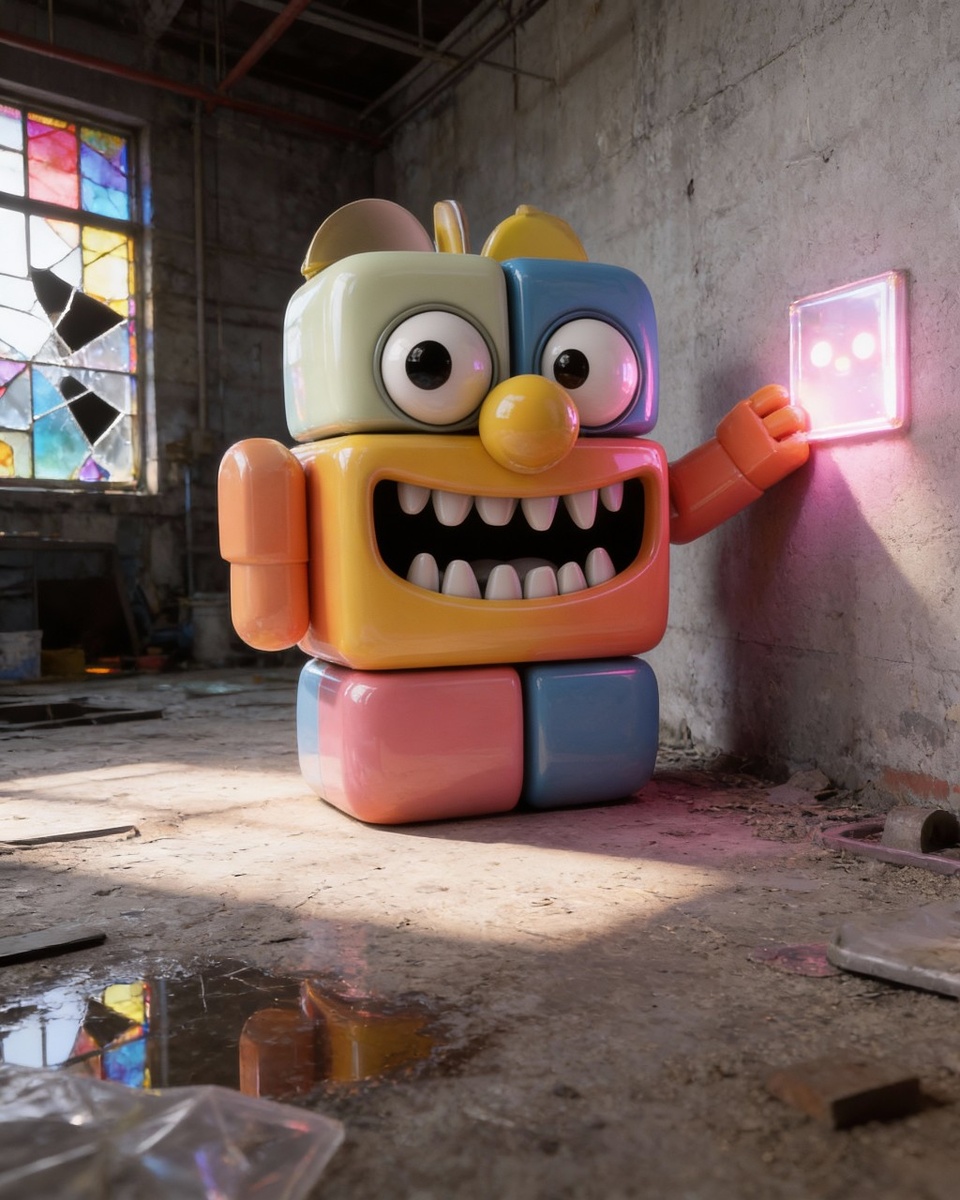 Кубиклёп дарит розовый цвет серой бетонной стене в цеху