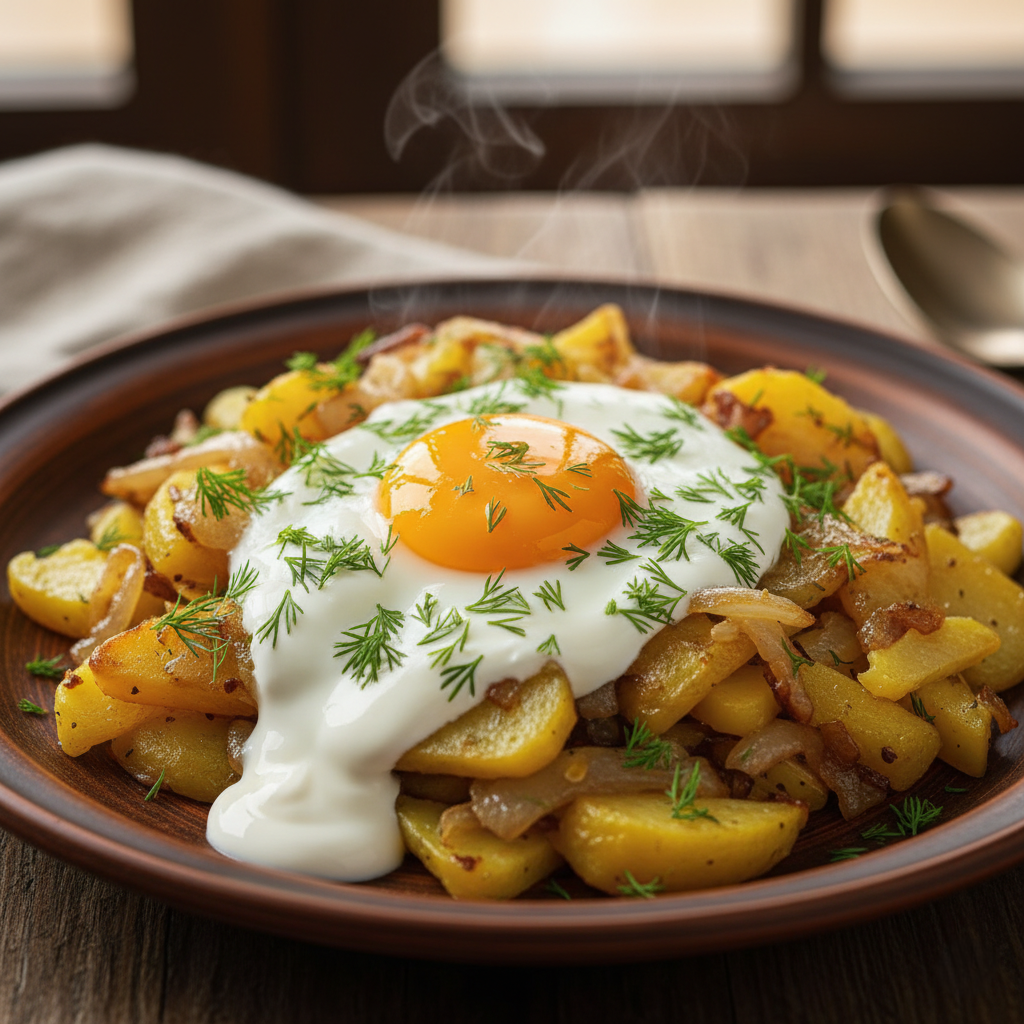 Ароматная Картофельная Сковородка со Сметаной и Запеченными Яйцами