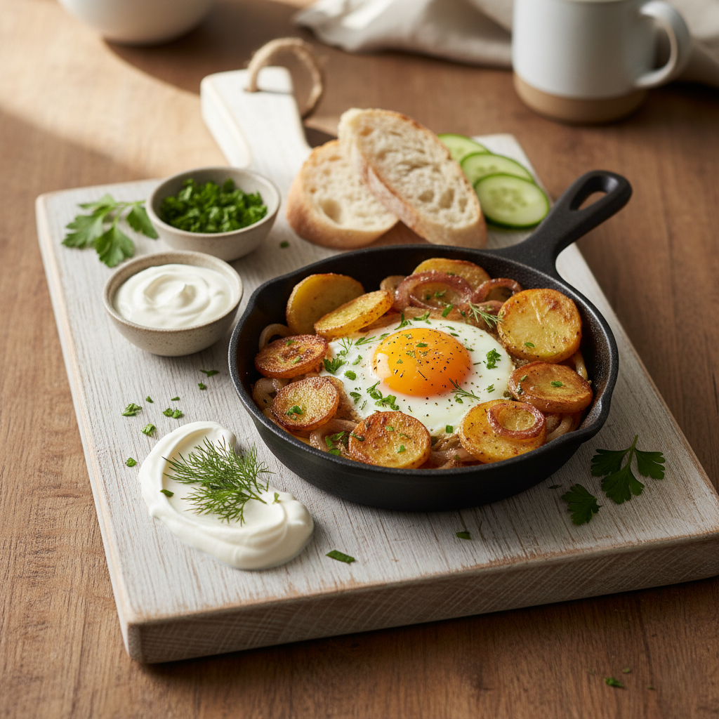 Ароматная Картофельная Сковородка со Сметаной и Запеченными Яйцами