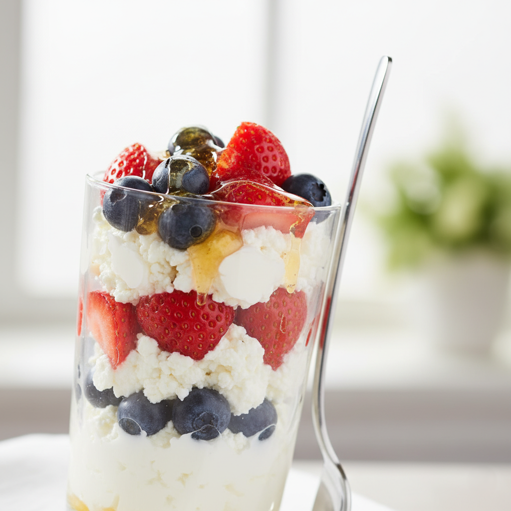 Легкий и сытный творожный завтрак с ягодами и мёдом