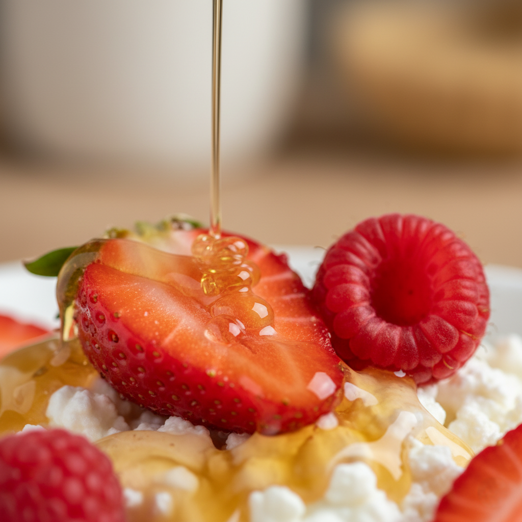 Легкий и сытный творожный завтрак с ягодами и мёдом