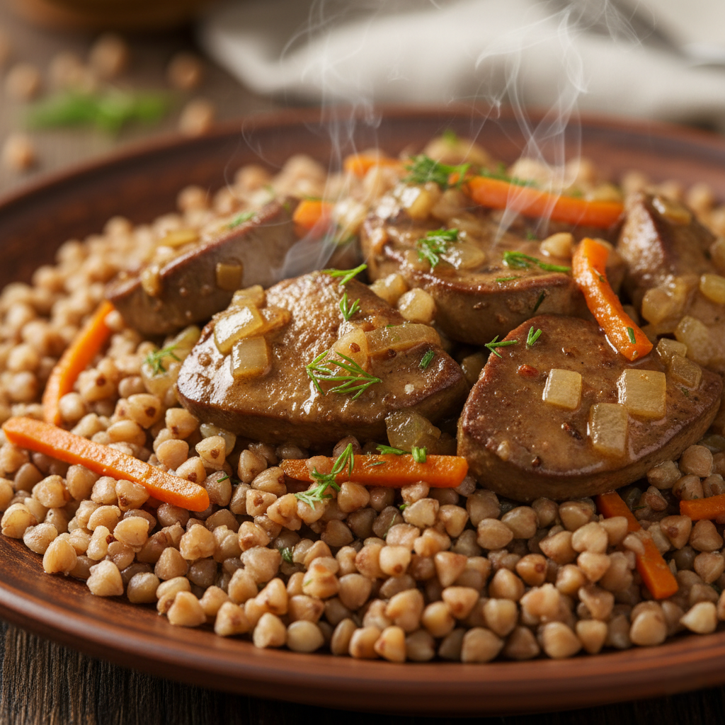 Ароматная гречка с нежной куриной печенью и овощами
