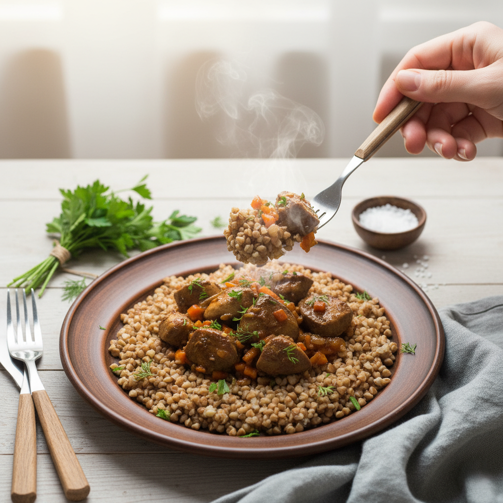 Ароматная гречка с нежной куриной печенью и овощами