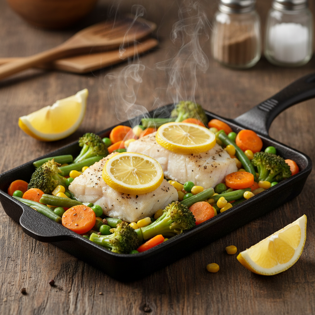 Запеченная рыба с овощами и лимоном