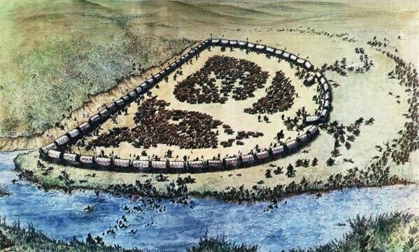 Фуражиры обустроили что то вроде крепости из сцепленных фургонов. С одной стороны они были защищены рекой Нкоме, а с другой - лощиной, затапливаемой рекой.