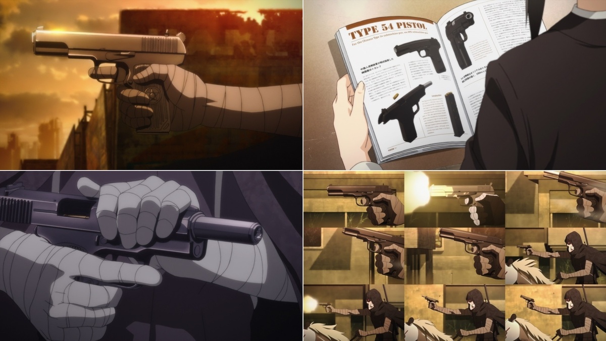 Кадры из второго сезона аниме “Sword Art Online” (2014 г.). На этих изображениях показан пистолет «Тип-54» – и кое-где можно увидеть ляп в виде выглядывающего из-под ствола, направляющего стержня возвратной пружины; хотя в конструкции типа ТТ эта деталь должна быть скрыта затвором.