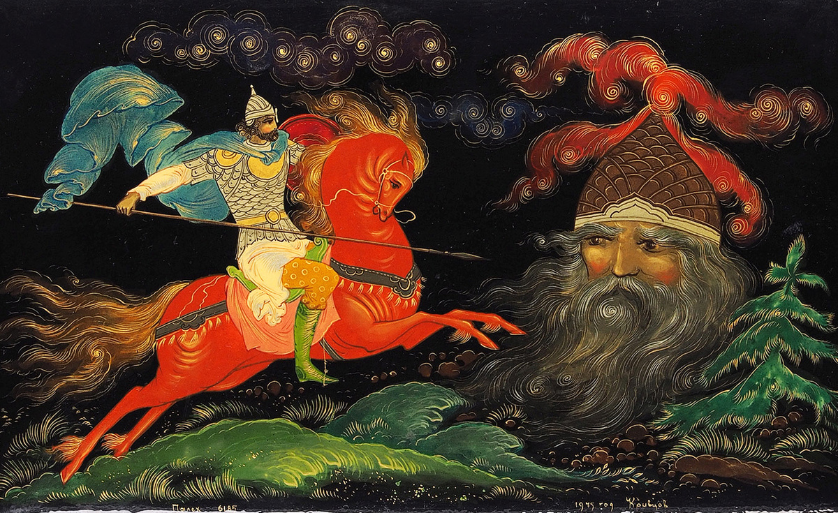 Шкатулка «Бой Руслана с головой». СССР, Палех, В.П. Кривцов. 1975. г.