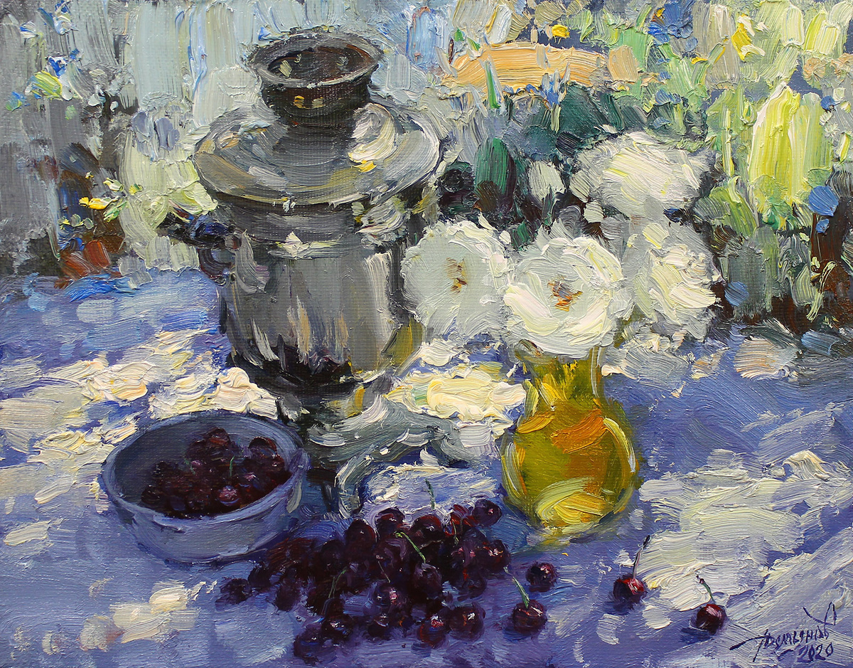 «Самовар и черешня», холст, масло, 45 х 55, 2020 г.