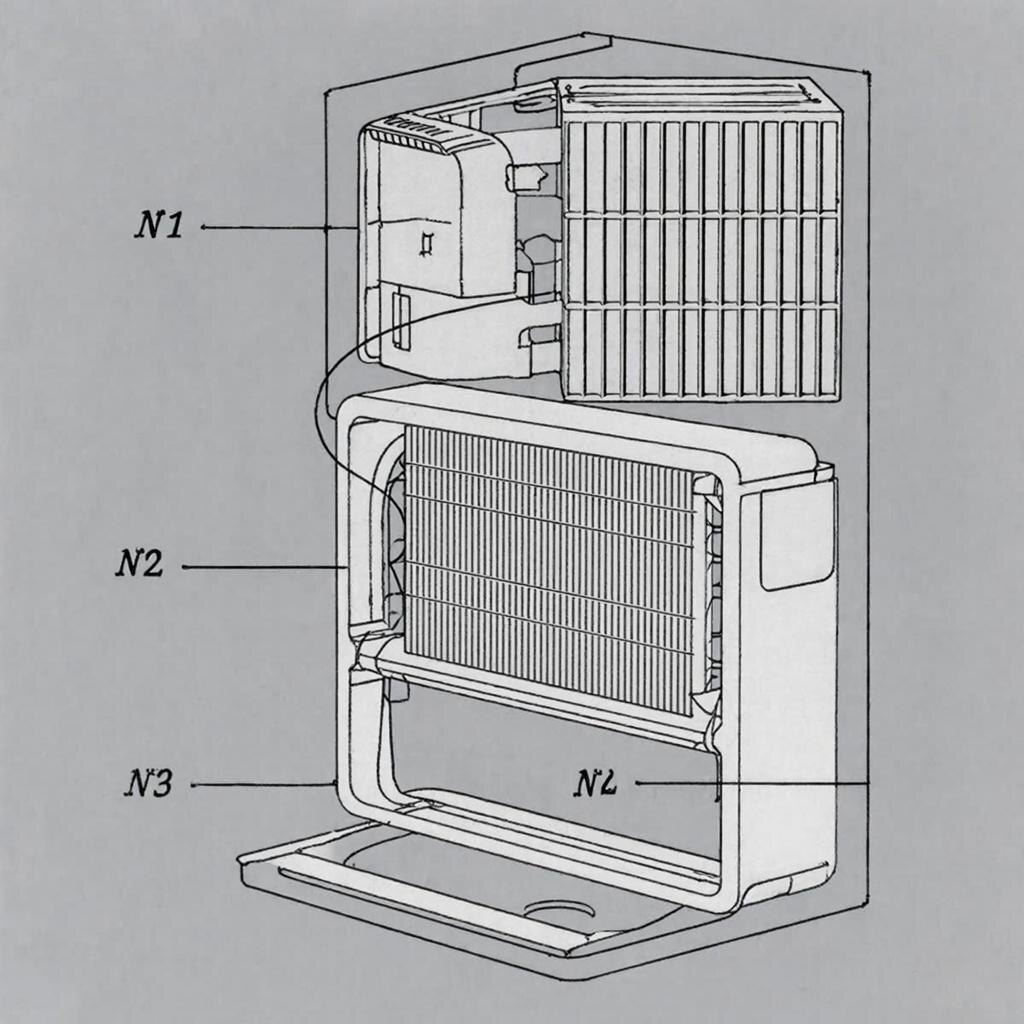 Изображение 1: Схематичный разрез внутреннего блока с подписями: 1. Фильтры, 2. Испаритель (радиатор), 3. Дренажный поддон