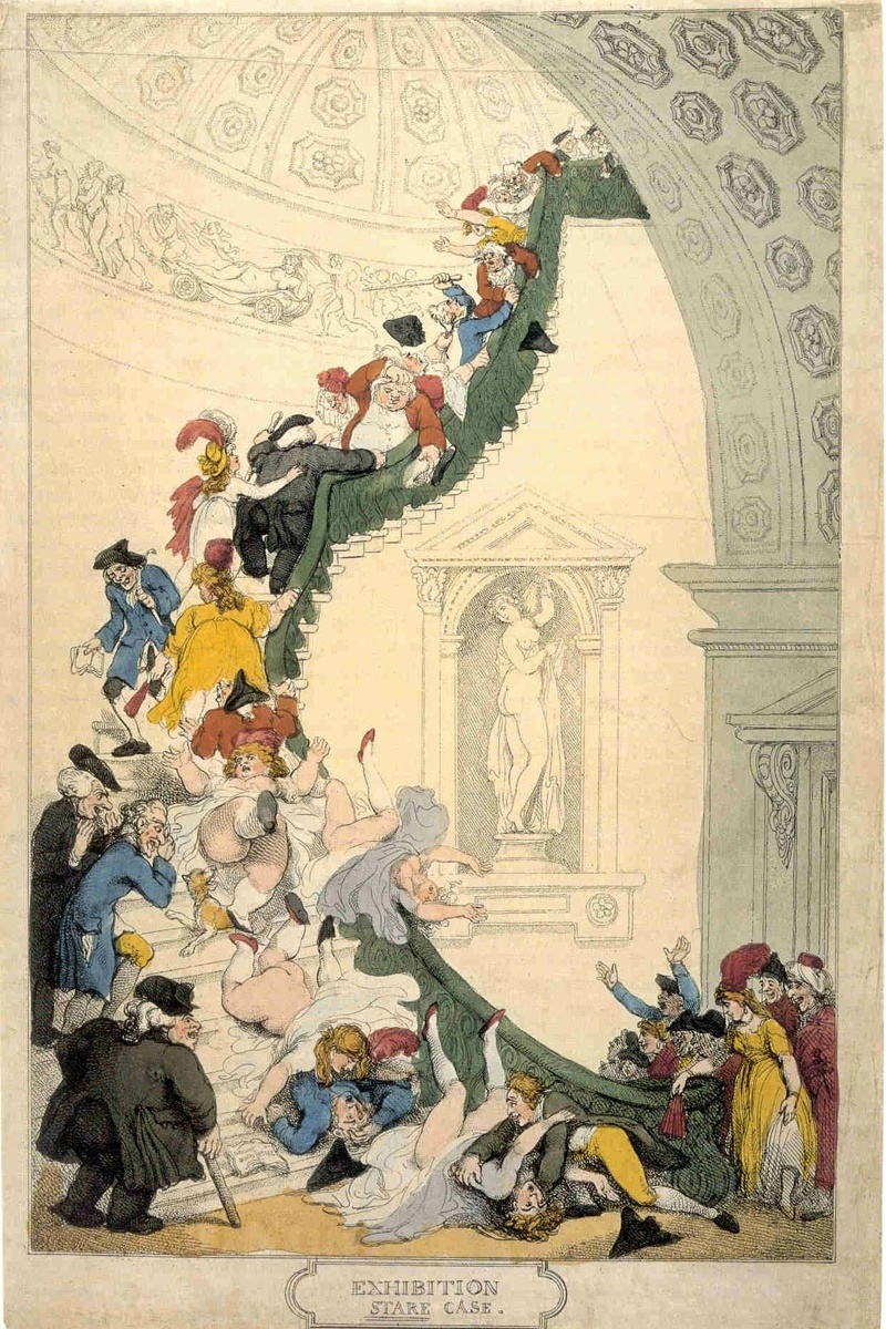 Томас Роулендсон. Лестница на выставку или выставка на лестнице. Ок. 1800.
Один из самых жизнерадостных работ Роулендсона, этот офорт одновременно высмеивает публику, посещающую выставки, и лондонский арт-истеблишмент. Посетители, желающие увидеть ежегодную весеннюю выставку Королевской академии, с трудом преодолевают крутую винтовую лестницу в Сомерсет Хаус House на Стрэнде.