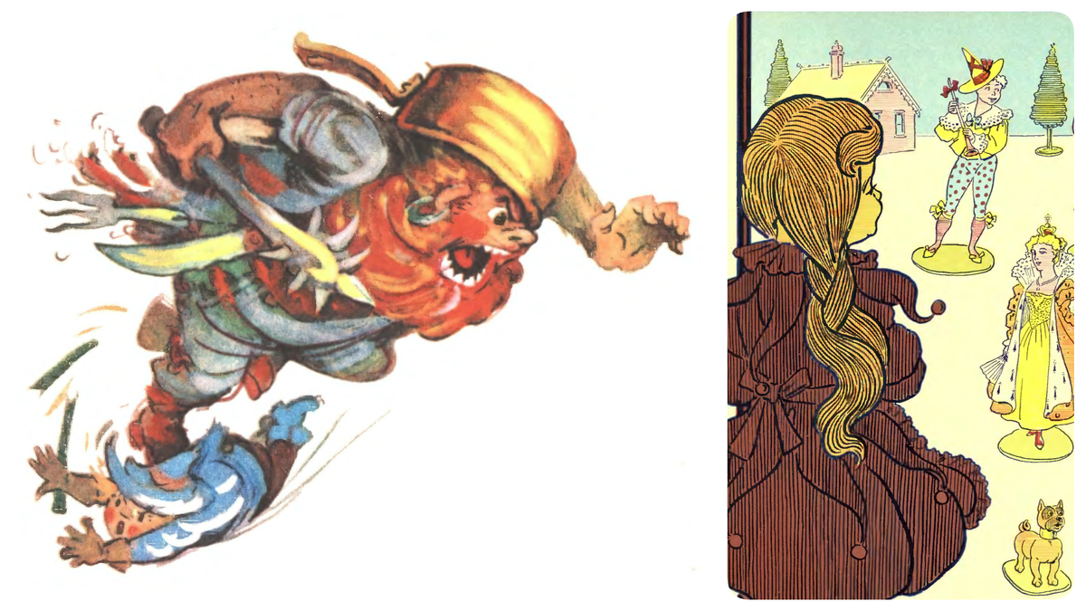 Слева - иллюстрация из книги "Волшебник Изумрудного города" А. Волкова (художник - Л. Владимирский), справа - из первого издания "Удивительного волшебника из страны Оз" Ф. Баума (художник - У. Денслоу)